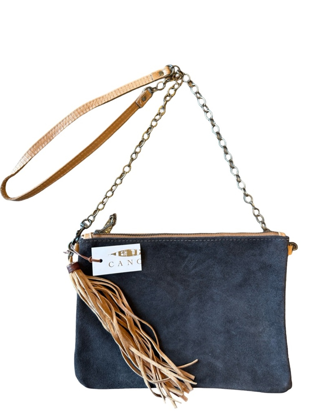 Canoe NWT Distressed Suede Crossbody Clutch Brown Boho Fringe Tassel Bag